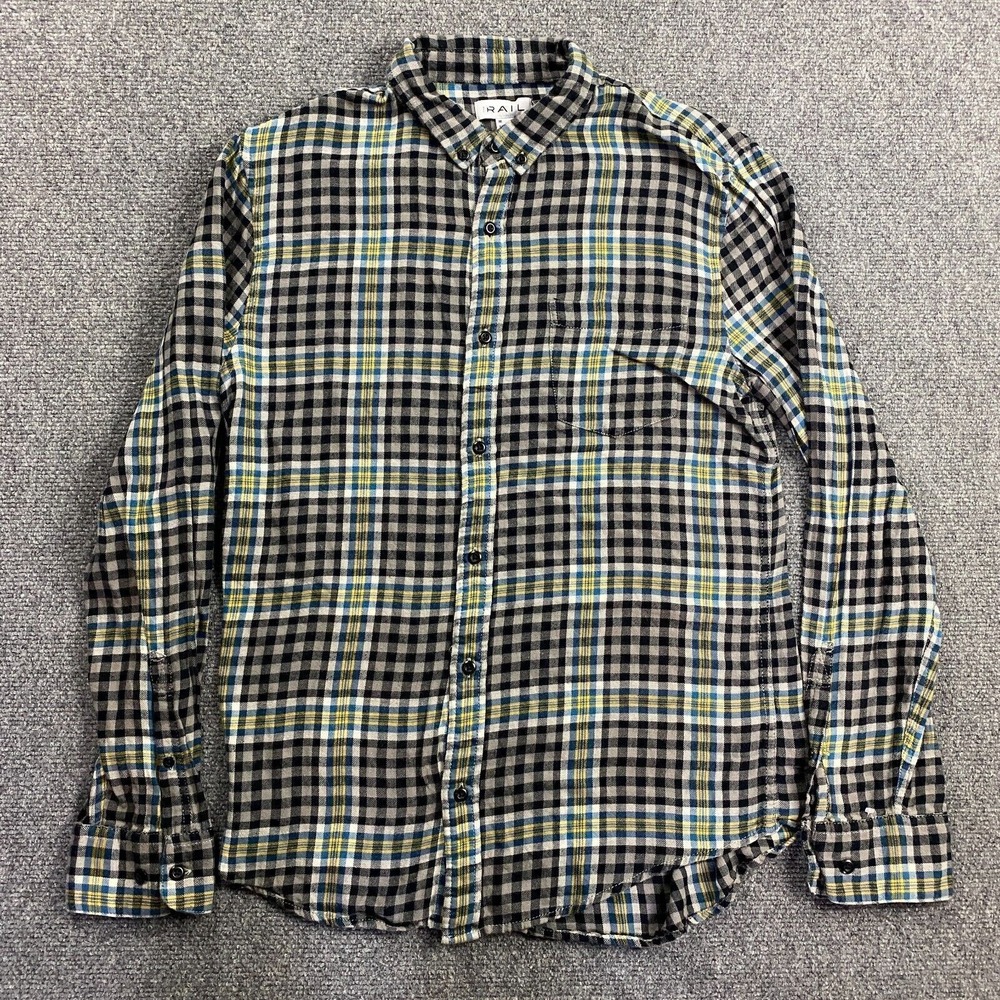 The Rail Shirt Men's Medium Gray Black Check Button Down Flannel 100% Cotton